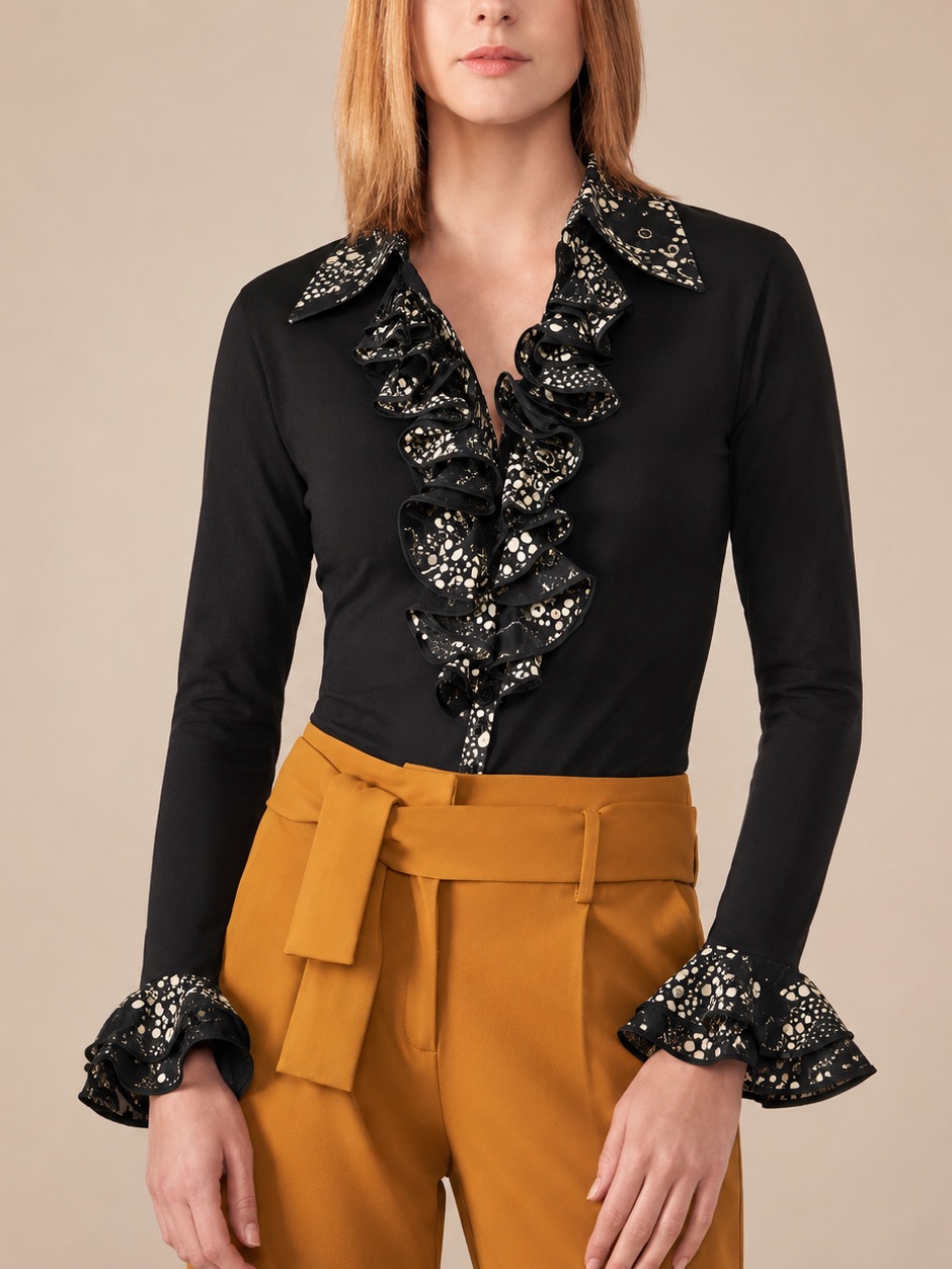 Anne Fontaine Silk Double Collar Ruffle Blouse Abstract Print Women Size L